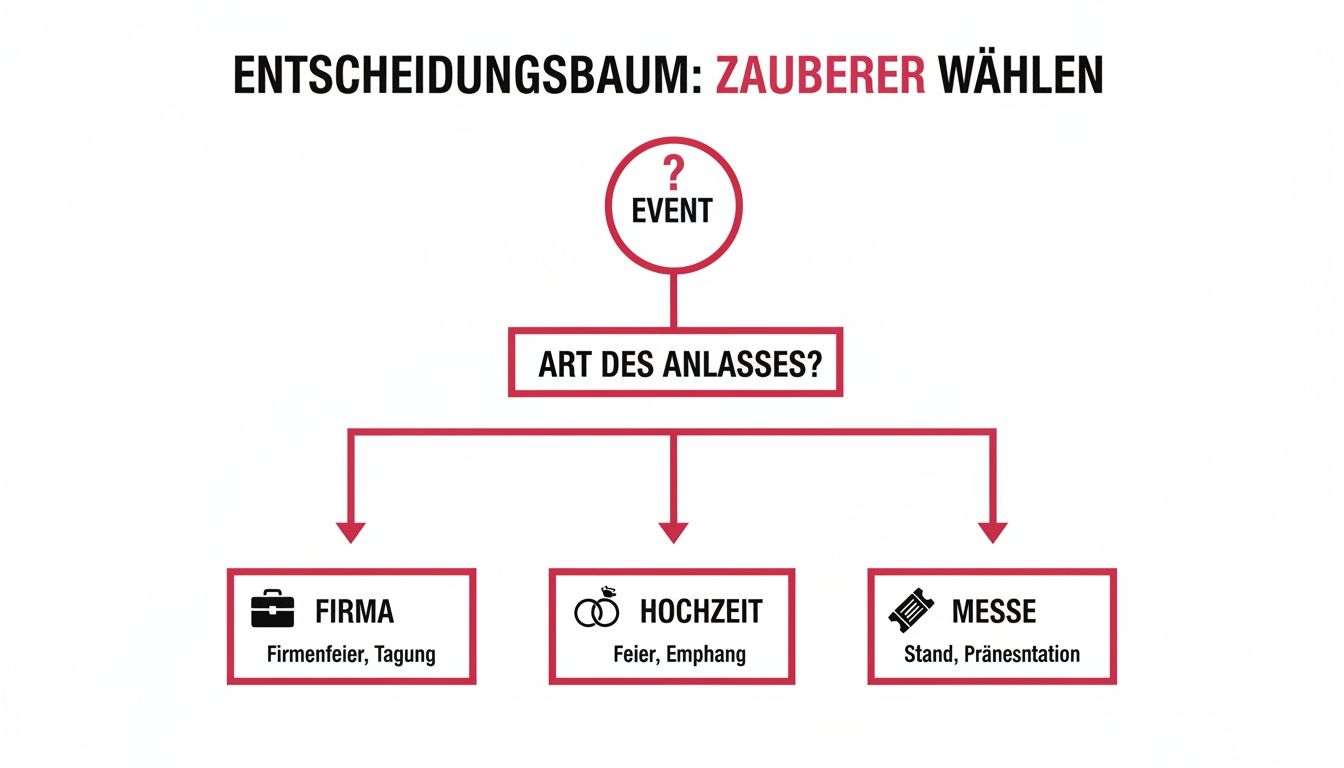 Entscheidungsbaum zur Auswahl eines Zauberers für verschiedene Anlässe: Firma, Hochzeit und Messe mit Beispielen.