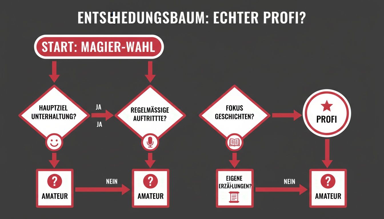 Entscheidungsbaum für Magier, der durch Fragen wie Unterhaltung und regelmäßige Auftritte zum Status Profi oder Amateur führt.