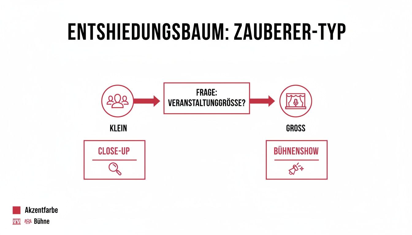 Entscheidungsbaum für Zauberer: Kleinere Veranstaltungen führen zu Close-Up, größere zu Bühnenshows.