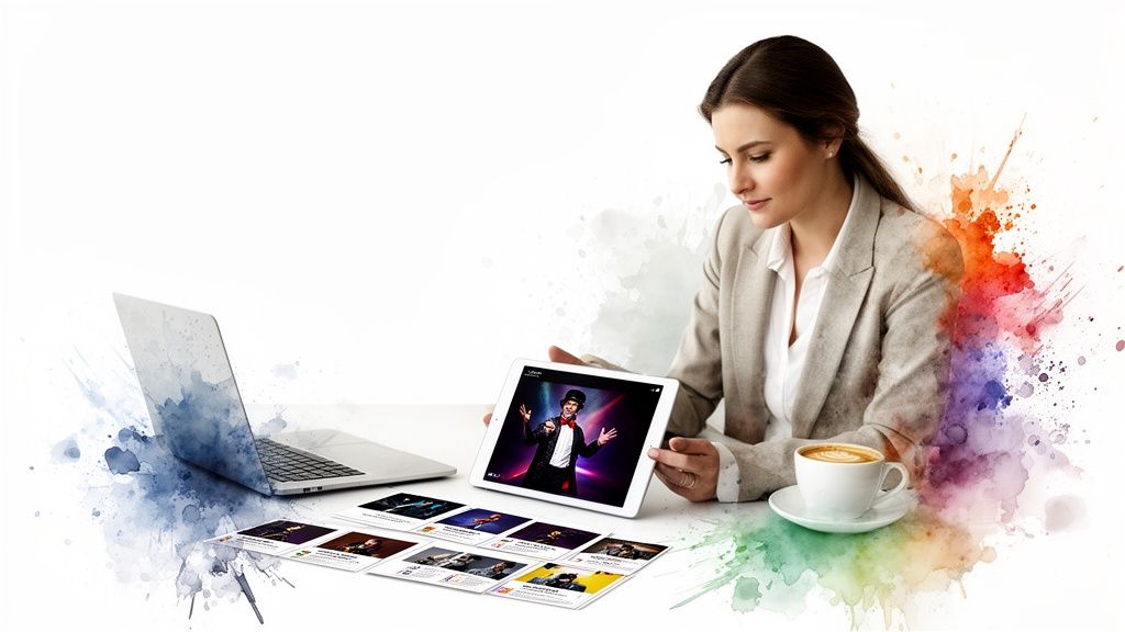 Frau betrachtet Magier-Bild auf Tablet an einem Schreibtisch mit Laptop, Kaffee und bunten Spritzern.