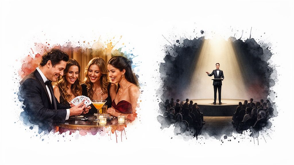 Elegante Gäste bei einem Kartenspiel und ein Zauberer, der auf der Bühne unter einem Scheinwerfer auftritt.