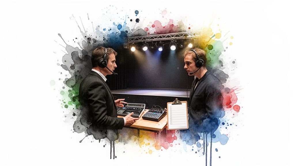 Zwei Männer mit Headsets und Tontechnikgeräten im Gespräch vor einer beleuchteten Bühne.