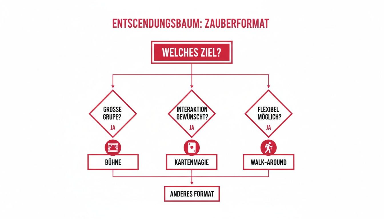 Entscheidungsbaum für Zauberformate: Wahl zwischen Bühne, Kartenmagie und Walk-Around je nach Ziel und Interaktion.