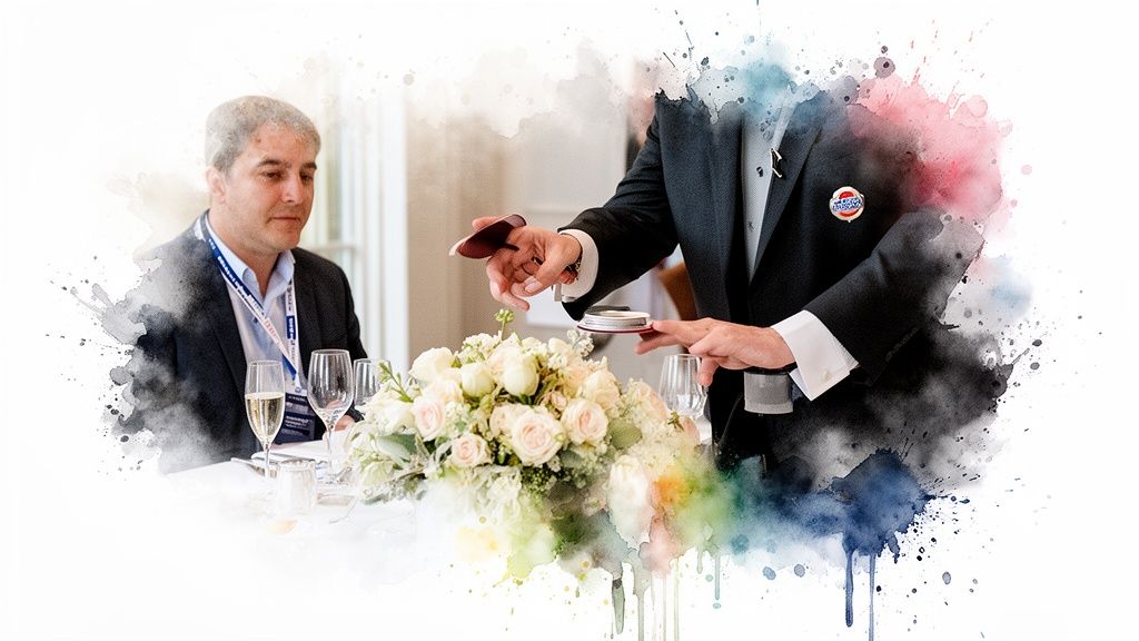 Ein Zauberer führt einen Kartentrick an einem Tisch mit Blumen und Weingläsern vor, ein Mann schaut zu.