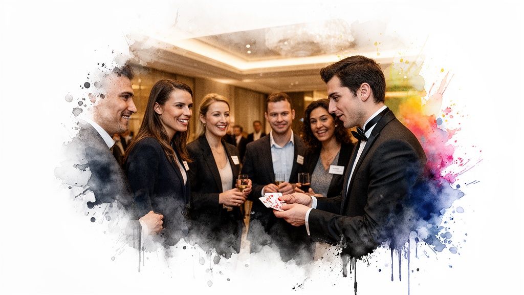 Magier verzaubert lächelnde Gäste bei einem stilvollen Event mit beeindruckenden Kartentricks.