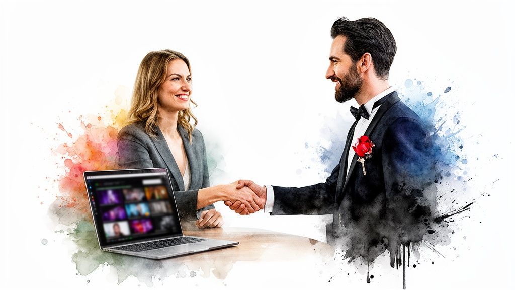 Geschäftsfrau und Mann im Smoking schütteln Hände über einem Laptop, symbolisiert Zusammenarbeit bei Events.