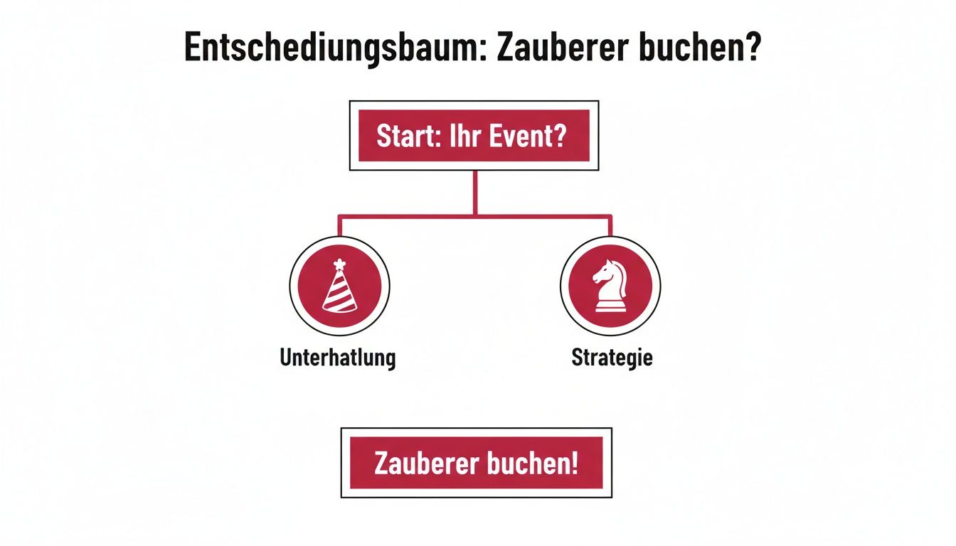 Ein Entscheidungsbaum zur Buchung eines Zauberers für Events, der Unterhaltung oder Strategie als Gründe nennt.