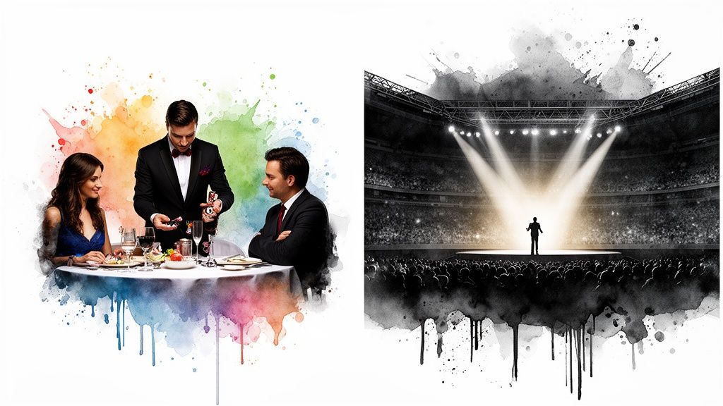 Ein Zauberer serviert Wein am Tisch und tritt auf einer großen, beleuchteten Bühne vor Publikum auf.