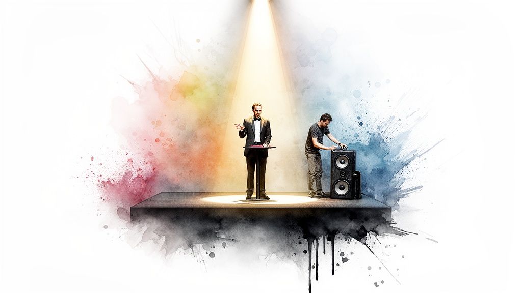 Ein Zauberer im Frack steht auf einer Bühne unter einem Scheinwerferlicht, während ein Techniker Lautsprecher einstellt.