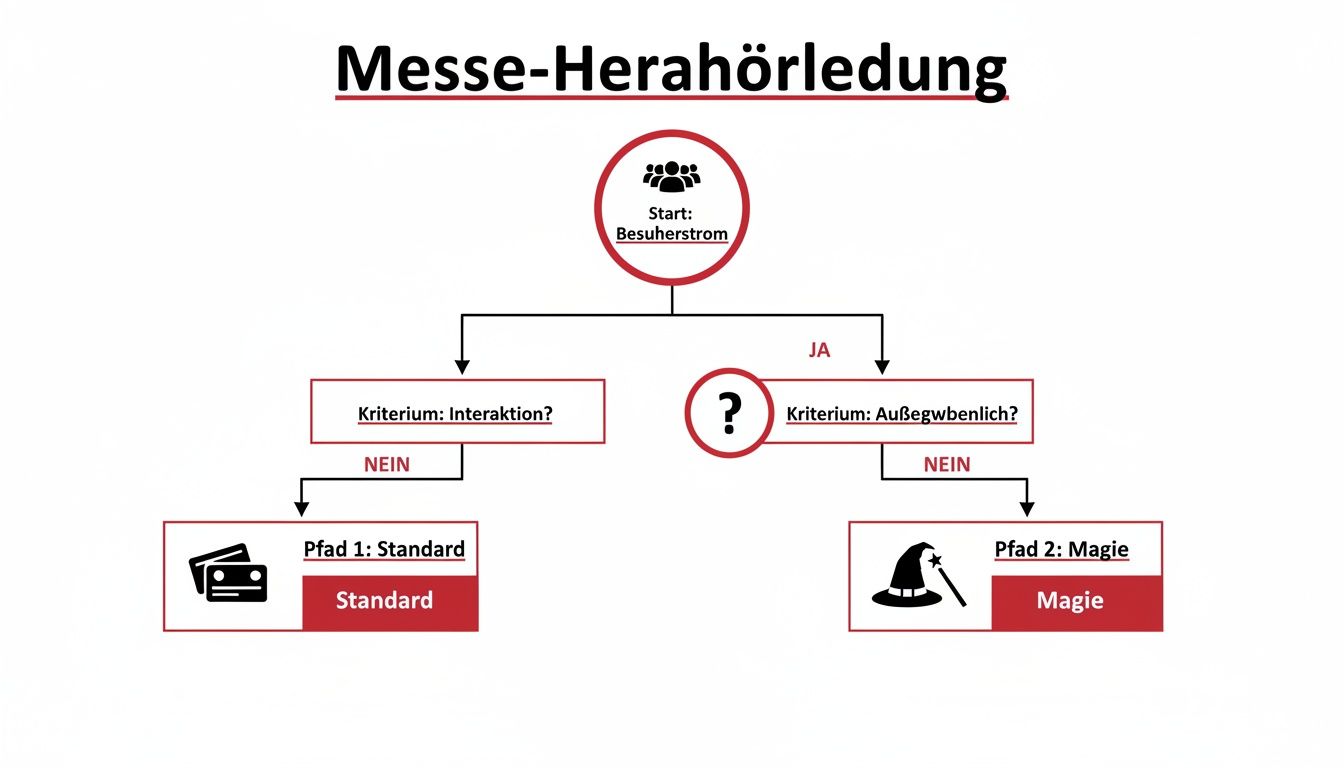 Flussdiagramm zur Messe-Herleitung: Start Besucherstrom, Kriterien Interaktion und Außergewöhnlich führen zu Pfad Standard oder Magie.