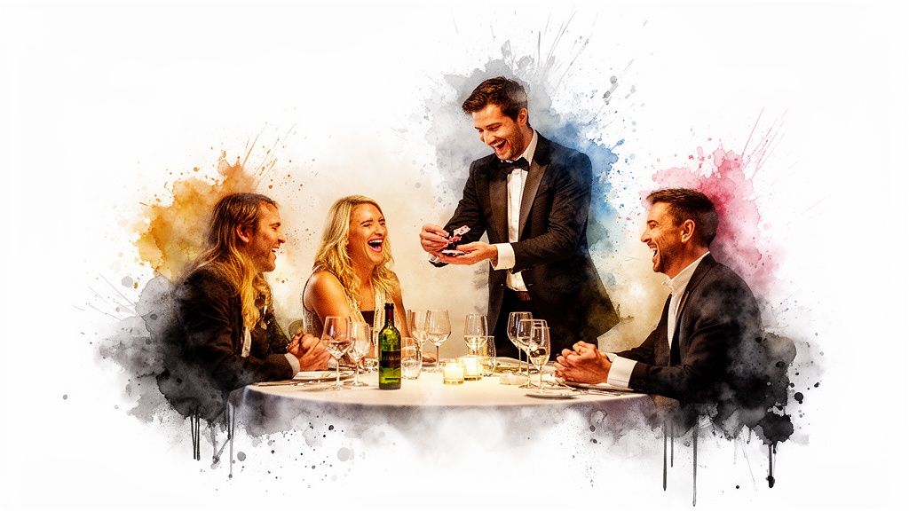 Ein lachender Zauberer unterhält fröhliche Gäste an einem festlich gedeckten Tisch.