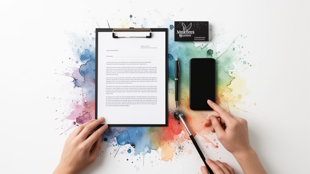 Kreativer Arbeitsplatz von oben mit Dokument, Smartphone, Visitenkarte und farbigen Aquarellspritzern.