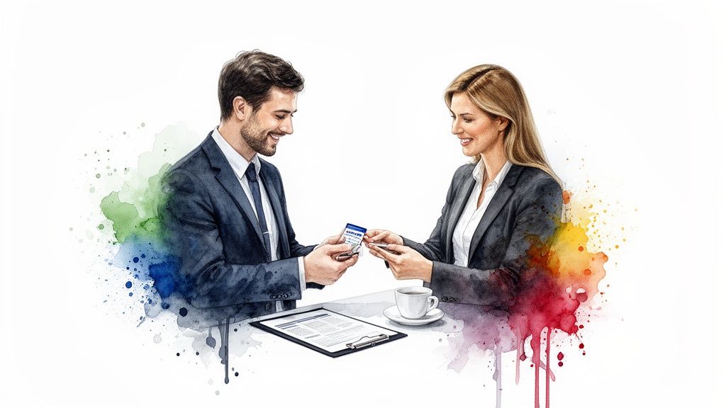 Geschäftspartner tauschen lächelnd Visitenkarten aus, umgeben von farbenfrohen Aquarellspritzern bei einem Treffen.