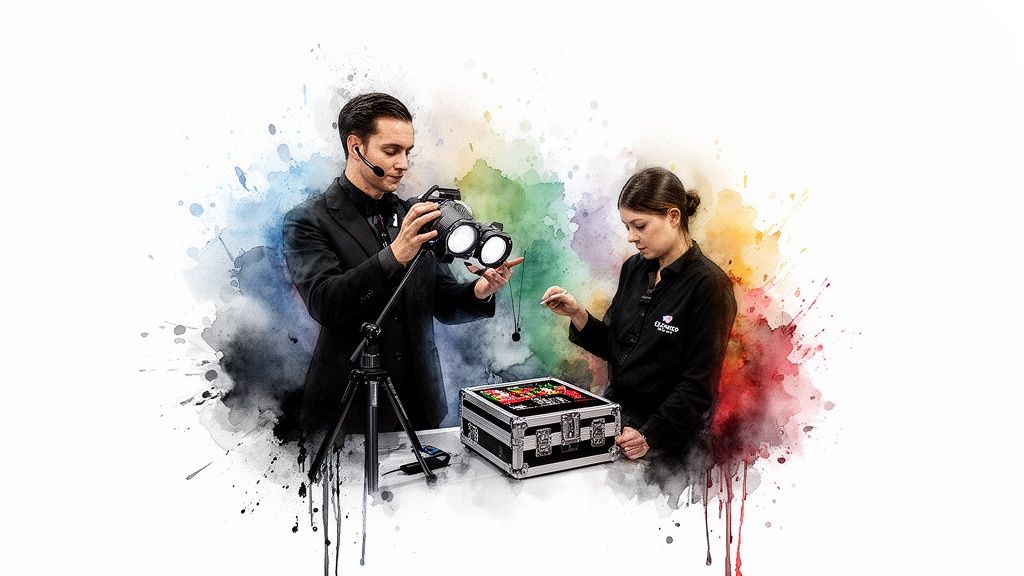 Zwei Personen demonstrieren Ausrüstung mit einer Lichtquelle und einem Koffer auf einem farbenfrohen Aquarellhintergrund.