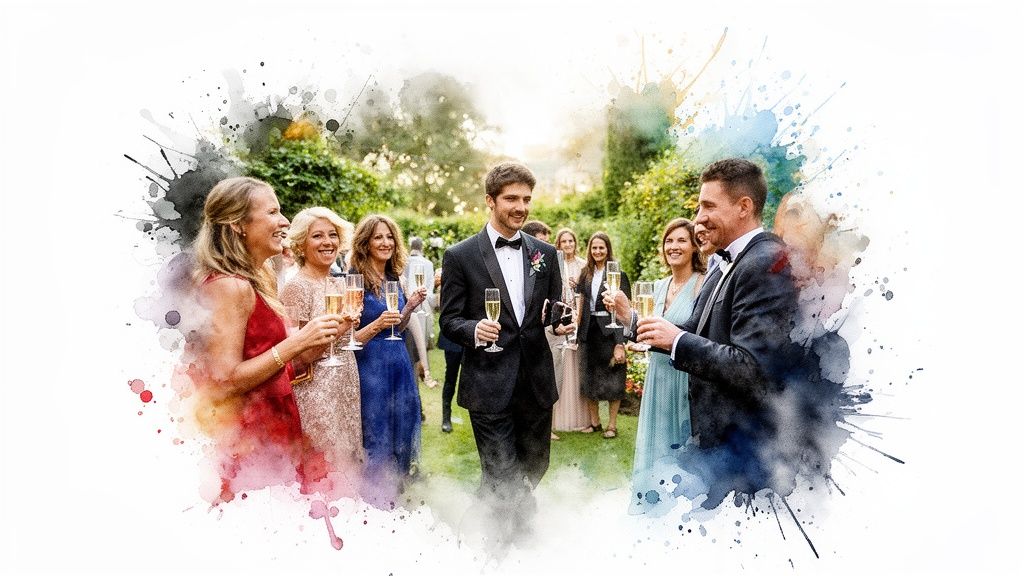 Elegante Gäste stoßen bei einer Gartenhochzeit mit Sektgläsern an, umgeben von einem Aquarell-Effekt.