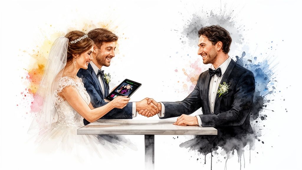 Brautpaar schüttelt einem Mann die Hand über einem Tisch und schaut auf ein Tablet. Aquarellstil.