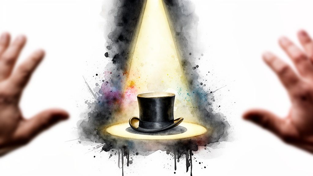 Ein schwarzer Zylinder im Scheinwerferlicht mit Aquarellspritzern und unscharfen Händen an den Seiten.