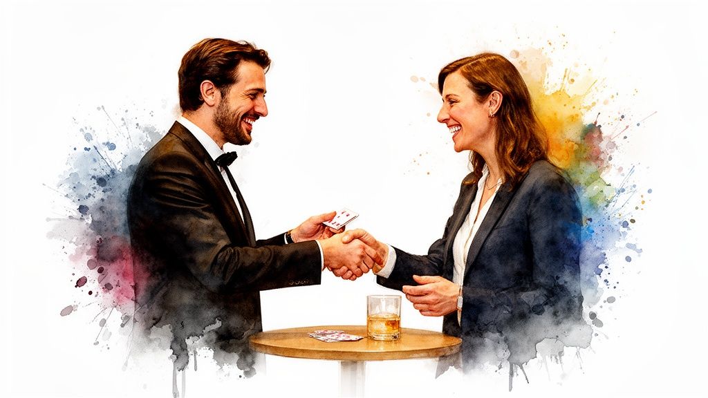 Ein lächelnder Mann im Anzug und eine Frau schütteln Hände; Spielkarten und Getränk auf dem Tisch.