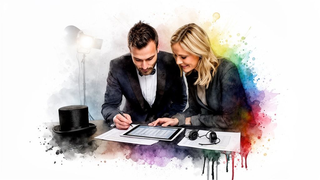 Ein Mann und eine Frau planen etwas auf einem Tablet, umgeben von bunten Aquarellfarben.