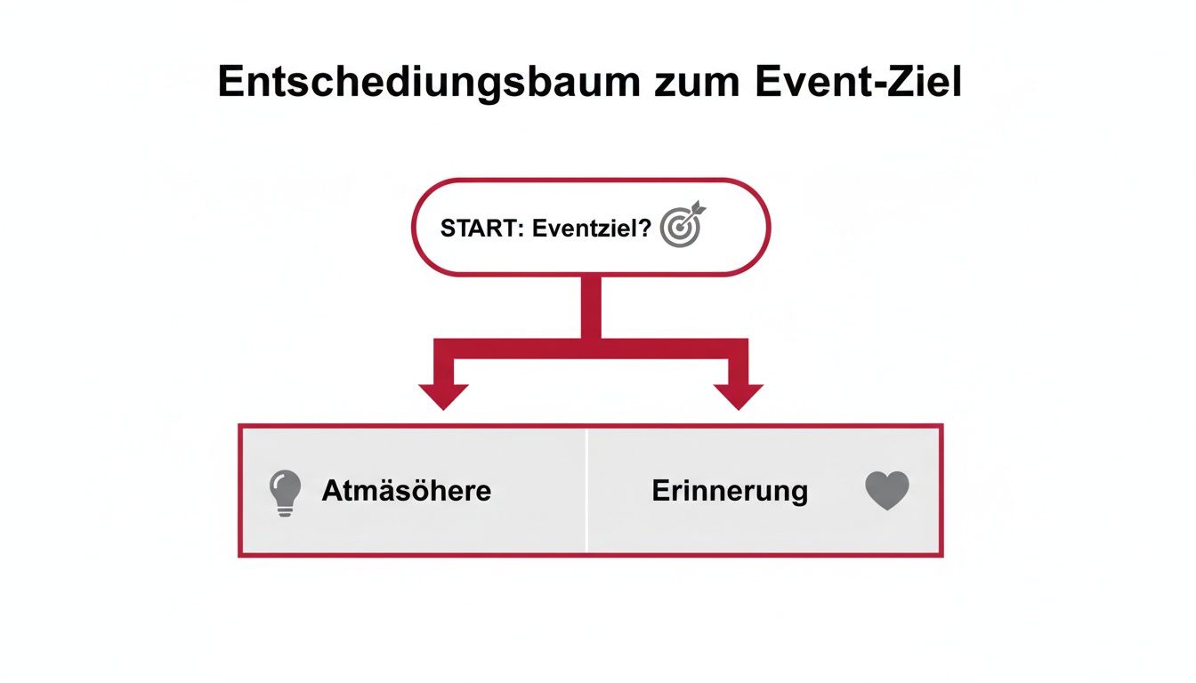 Entscheidungsbaum zum Event-Ziel, Startpunkt 'Eventziel', führend zu 'Atmosphäre' (Glühbirne) oder 'Erinnerung' (Herz).