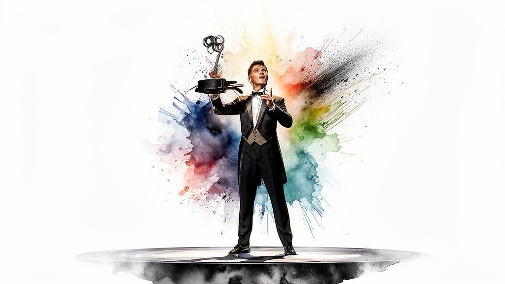 Ein Zauberer im Frack hält einen Zylinder, aus dem ein großer Schlüssel aufsteigt, umgeben von bunten Farbspritzern.