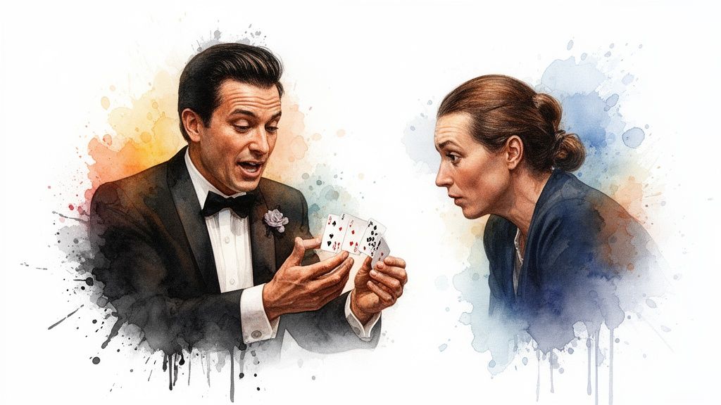 Ein Zauberer in Smoking präsentiert einer staunenden Frau einen Kartentrick mit fliegenden Spielkarten.