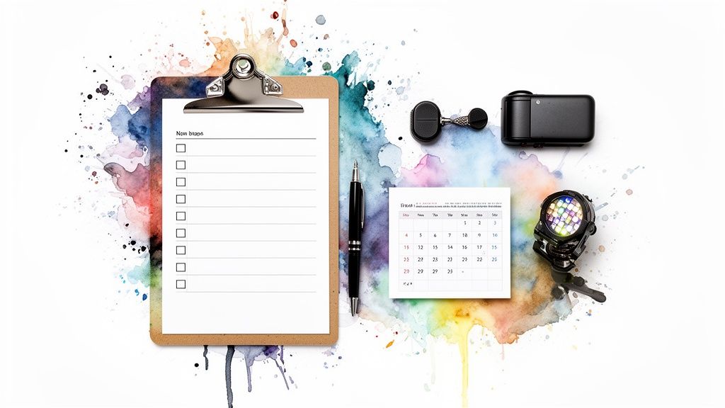 Ein Clipboard mit Checkliste, Stift, Kalender, Kamera, Autoschlüssel und LED-Licht auf weißem Hintergrund mit Aquarellspritzern.