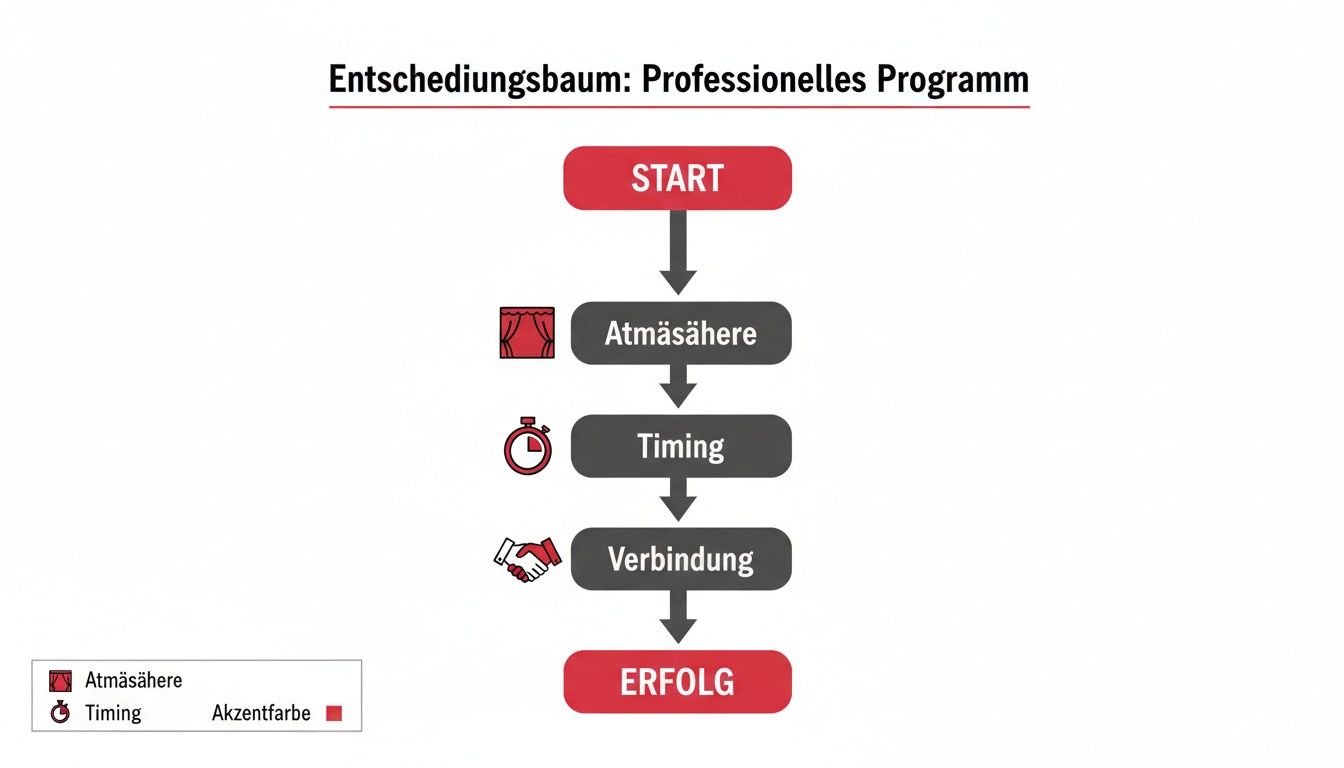 Ein Entscheidungsbaum für ein professionelles Programm, der von Start über Atmosphäre, Timing und Verbindung zum Erfolg führt.
