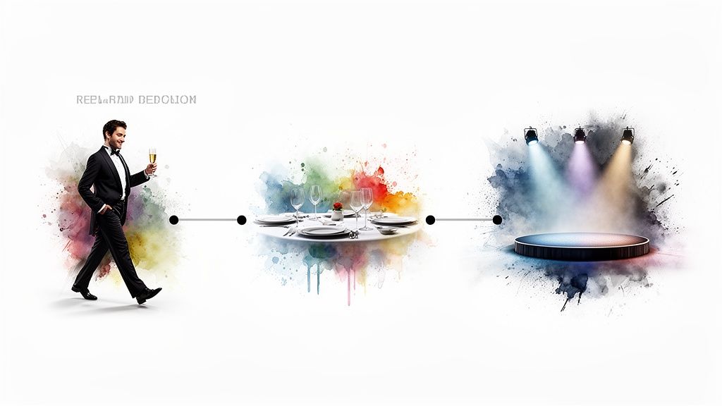 Ein Mann im Anzug mit Sektglas, ein festlich gedeckter Esstisch und eine beleuchtete Bühne auf weißem Hintergrund.