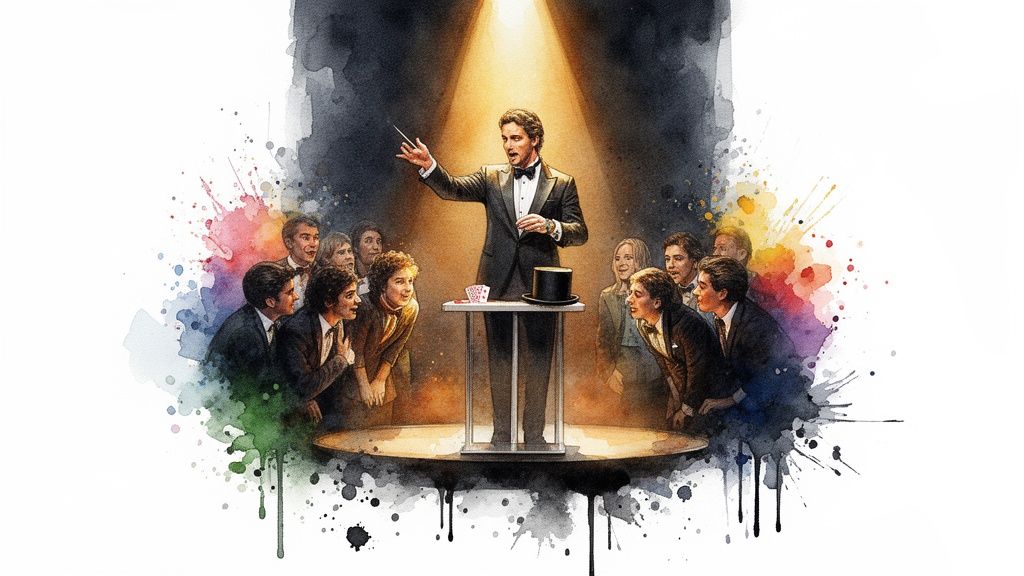 Aquarellgemälde eines Zauberers im Rampenlicht, der sein Publikum mit Kartentricks und einem Zylinder verblüfft.