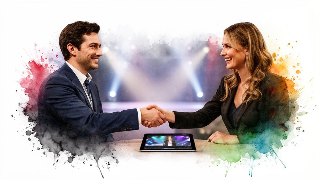 Ein Mann und eine Frau schütteln Hände über einem Tablet, das einen Zauberer zeigt, umgeben von Farbspritzern.