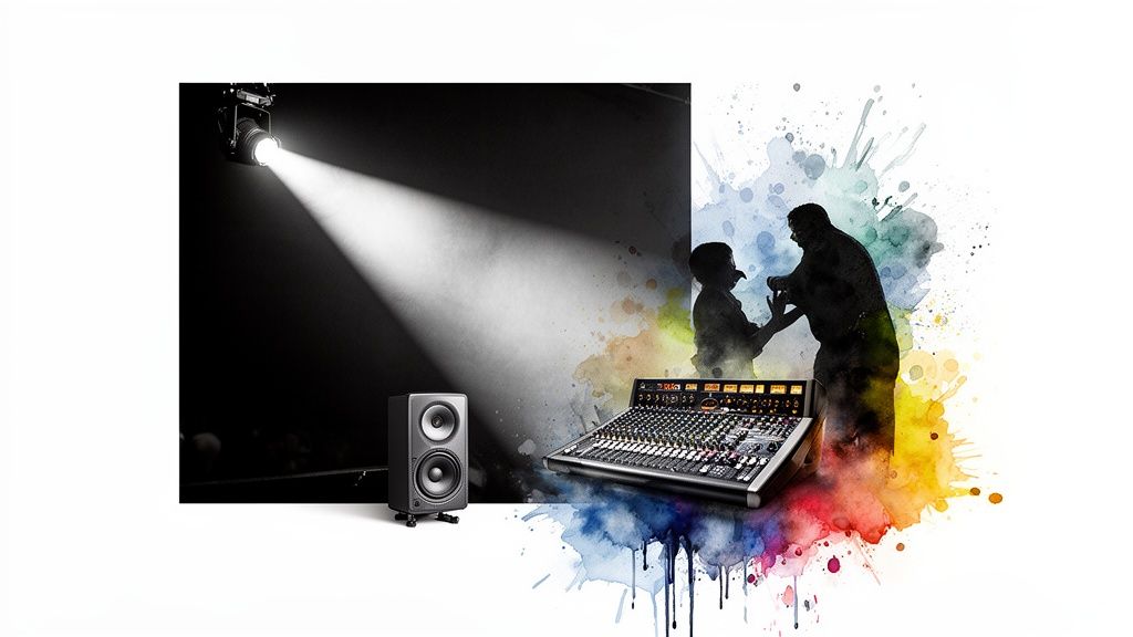 Spotlight auf dunkler Bühne, Audio-Monitor, Mischpult und Musiker-Silhouetten vor Farbspritzer-Hintergrund.