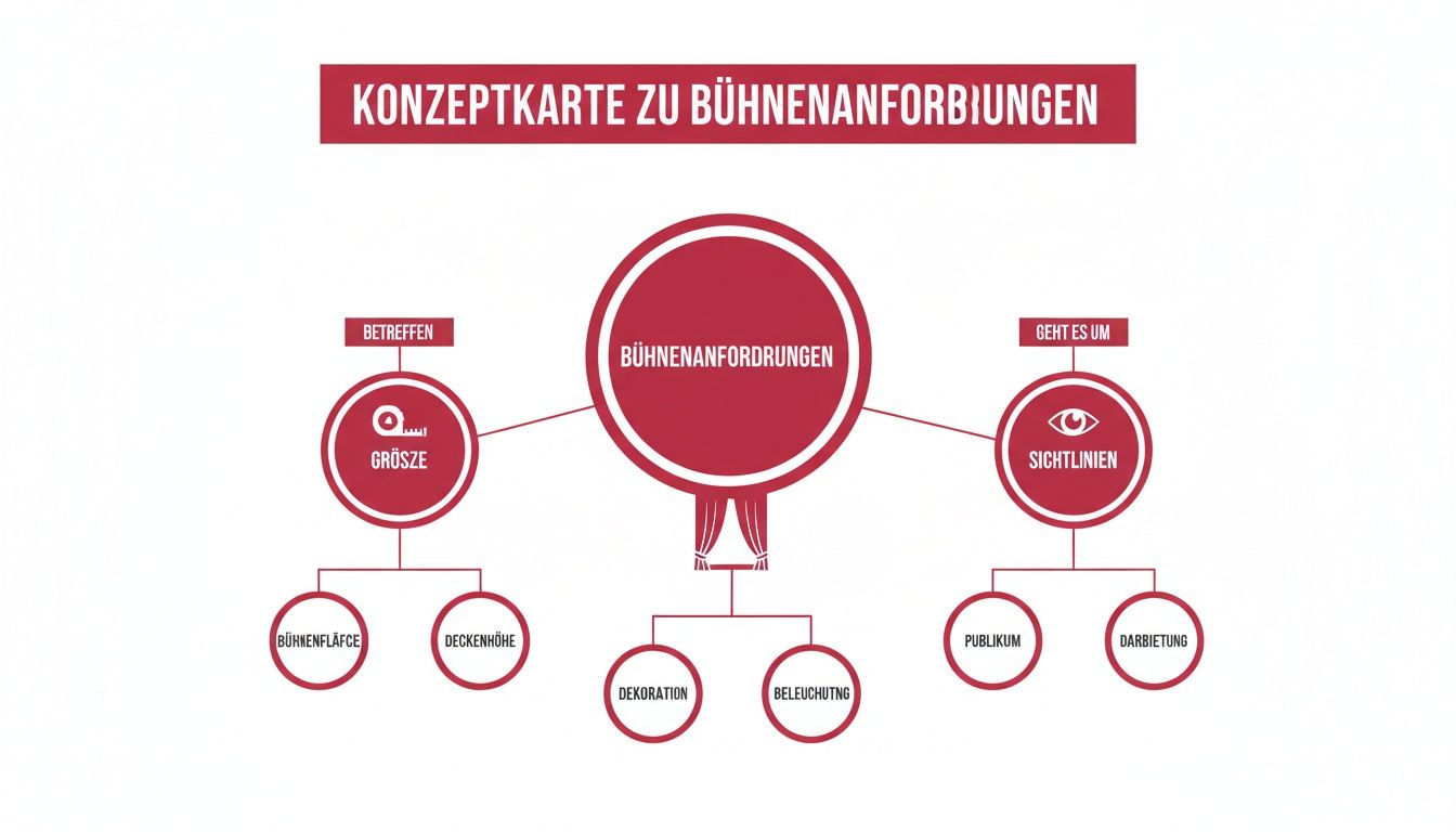 Konzeptkarte zu Bühnenanforderungen, detailliert Größe (Fläche, Deckenhöhe), Dekoration, Beleuchtung und Sichtlinien.