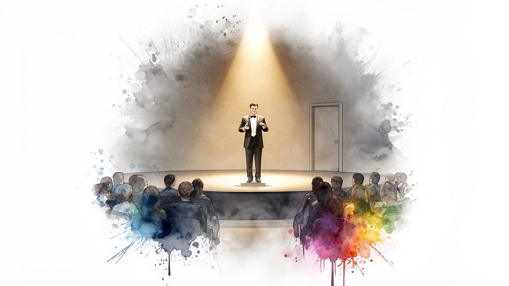 Ein Mann im Smoking steht im Rampenlicht vor einem Publikum, illustriert im Aquarellstil.