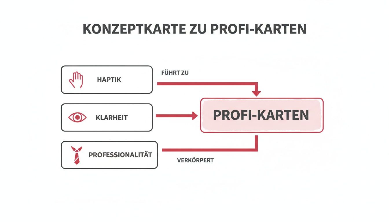 Konzeptkarte zeigt, wie Haptik, Klarheit und Professionalität zu Profi-Karten führen und diese verkörpern.