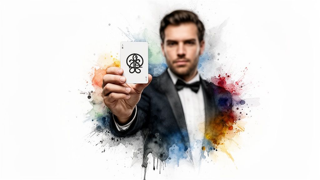 Ein Mann im Smoking hält eine Spielkarte mit einem einzigartigen Symbol vor einem bunten Aquarellhintergrund.