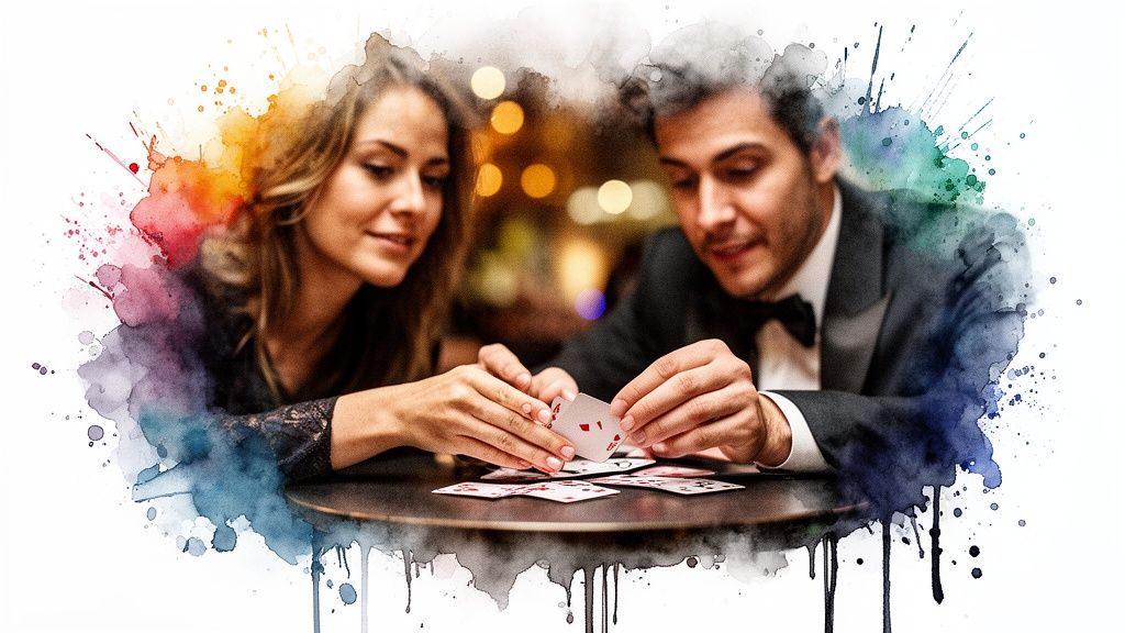 Paar spielt Karten, eventuell einen Zaubertrick, in stilvollem Ambiente mit künstlerischem Aquarellrand.