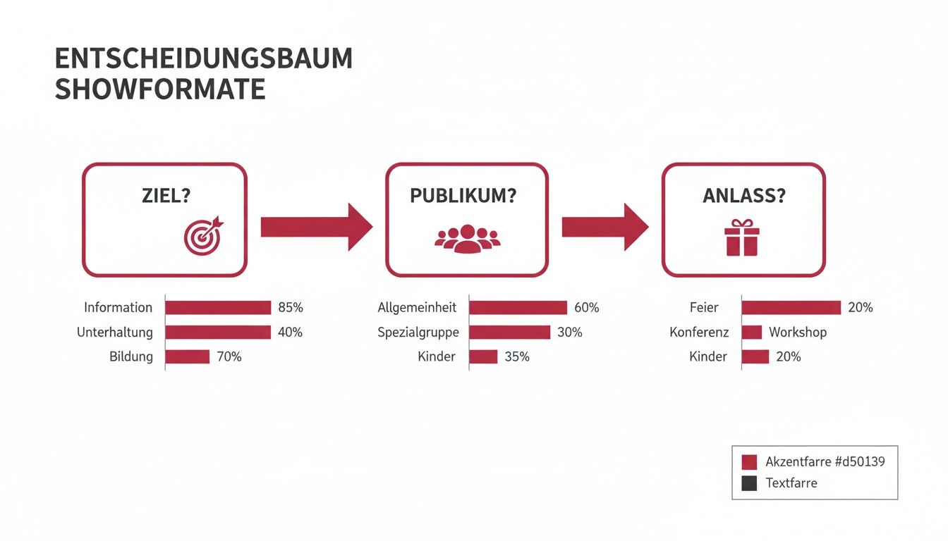 Ein Entscheidungsbaum zur Auswahl von Showformaten, basierend auf Ziel, Publikum und Anlass, mit prozentualen Angaben.
