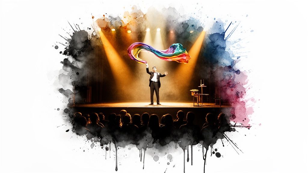 Ein Zauberer performt auf einer Bühne vor Publikum, hält ein farbenfrohes Tuch, umgeben von einem Aquarell-Effekt.
