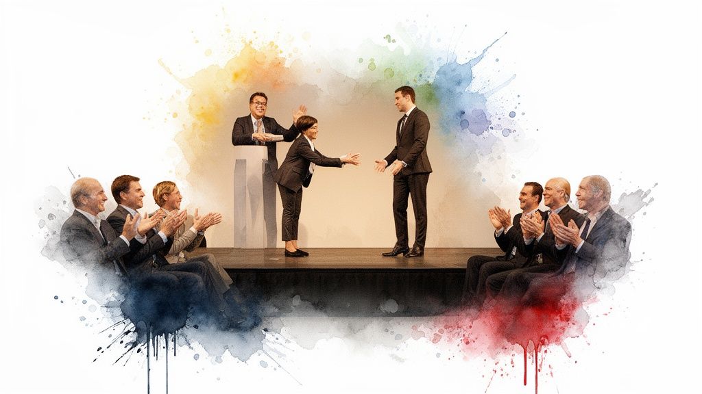 Geschäftsleute auf einer Bühne mit applaudierendem Publikum und einer Begrüßung. Aquarell-Effekt.