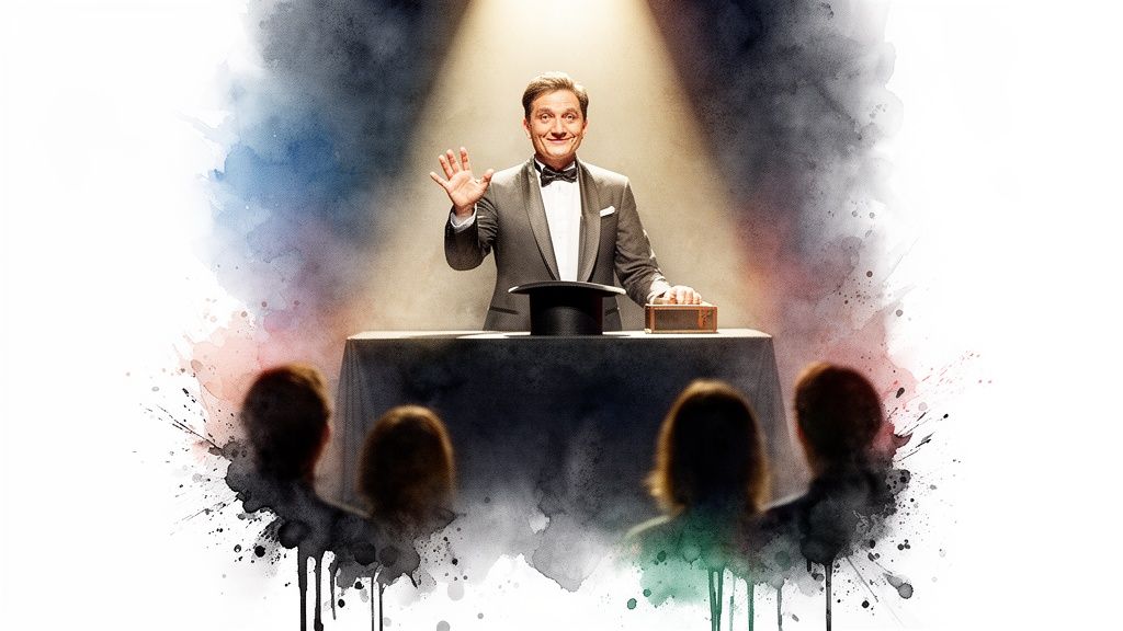 Ein lächelnder Magier in einem Smoking winkt dem Publikum zu, mit einem Zylinder auf dem Tisch.