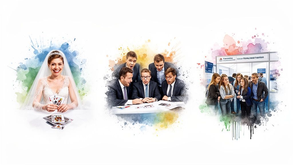 Drei Szenen: Eine lächelnde Braut mit Spielkarten, Geschäftsleute beim Kartenspiel und eine Gruppe auf einer Messe, künstlerisch in Aquarell.