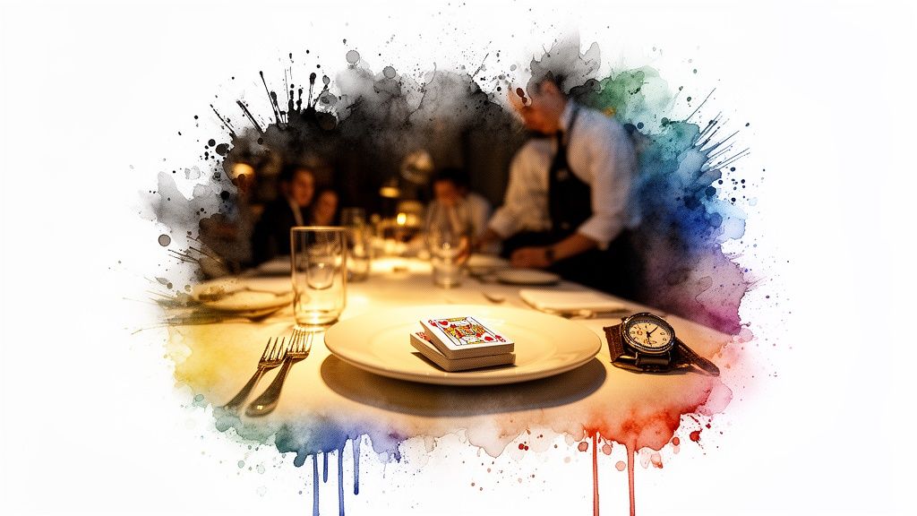 Nahaufnahme eines Tisches in einem Restaurant mit Spielkarten und einer Uhr auf einem Teller. Im Hintergrund ein Kellner und Gäste.