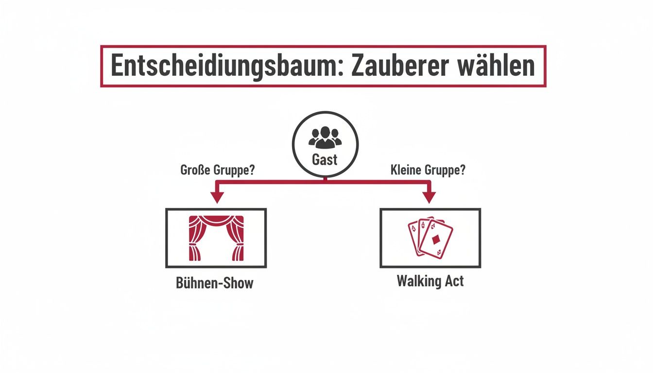Entscheidungsbaum zur Auswahl eines Zauberers: Bühnen-Show für große Gruppen, Walking Act für kleine Gruppen.