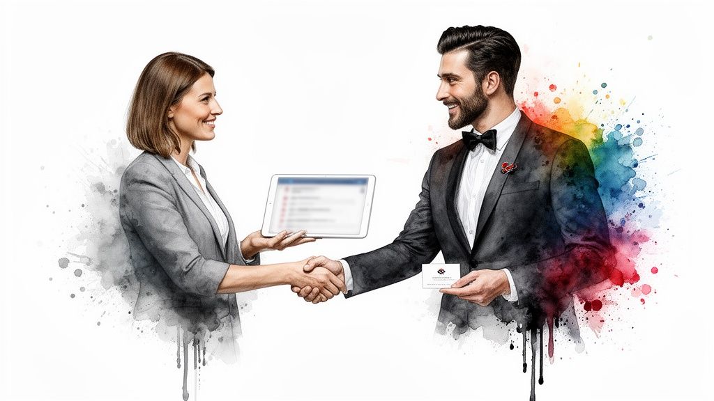 Geschäftsfrau und Mann im Smoking schütteln Hände, mit Tablet und Visitenkarte, umgeben von Farbspritzern.