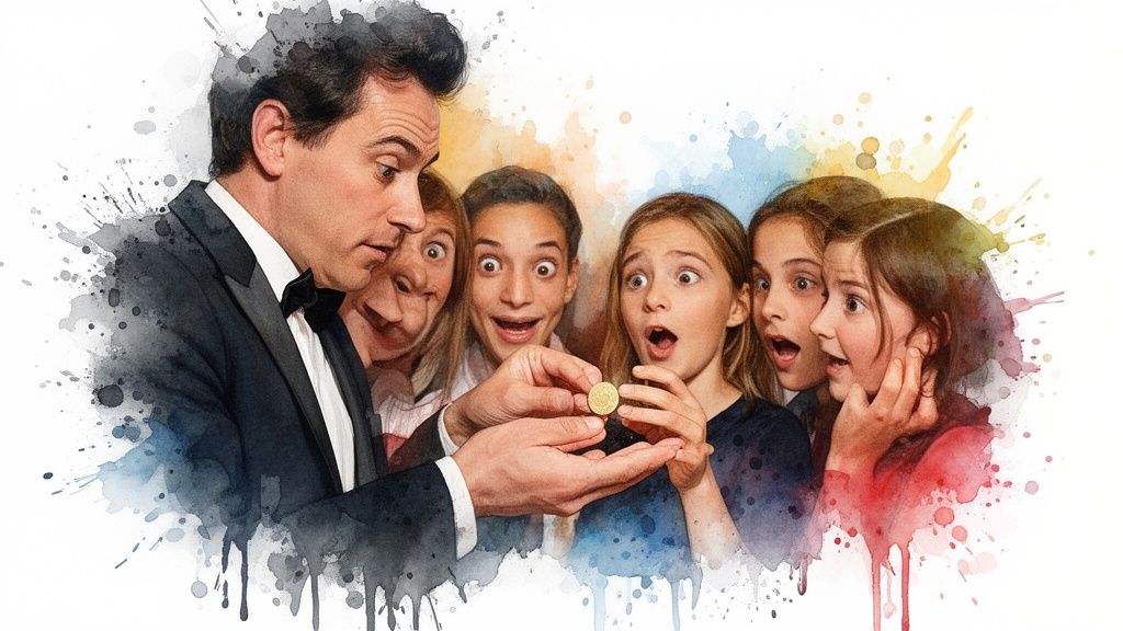 Ein elegant gekleideter Magier zeigt Kindern eine glänzende goldene Münze, die alle erstaunt zuschauen, im Aquarell-Stil.