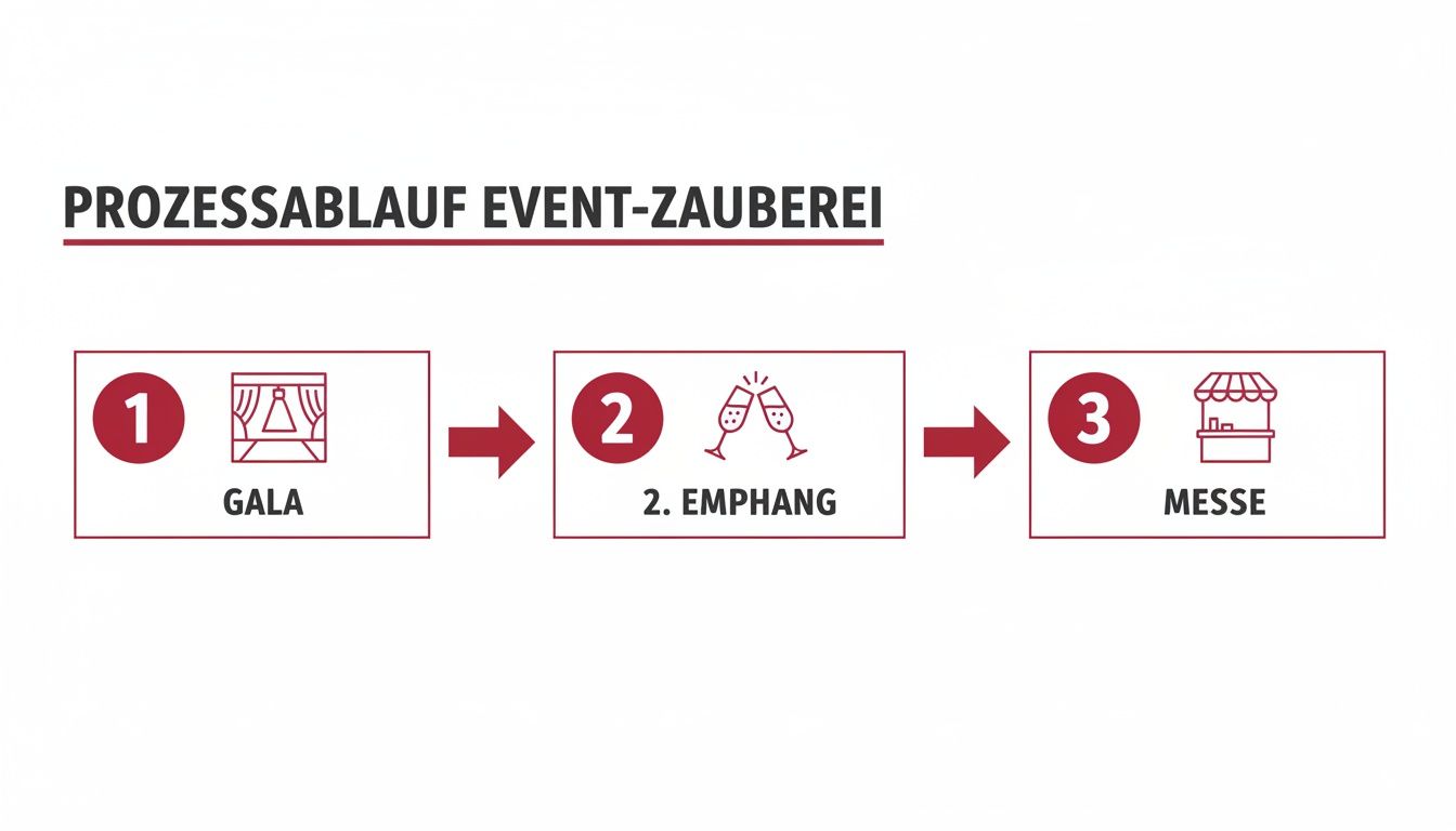 Prozessablauf für Event-Zauberei: Gala (Ballsaal), Empfang (Sektgläser) und Messe (Marktstand) werden als Schritte gezeigt.