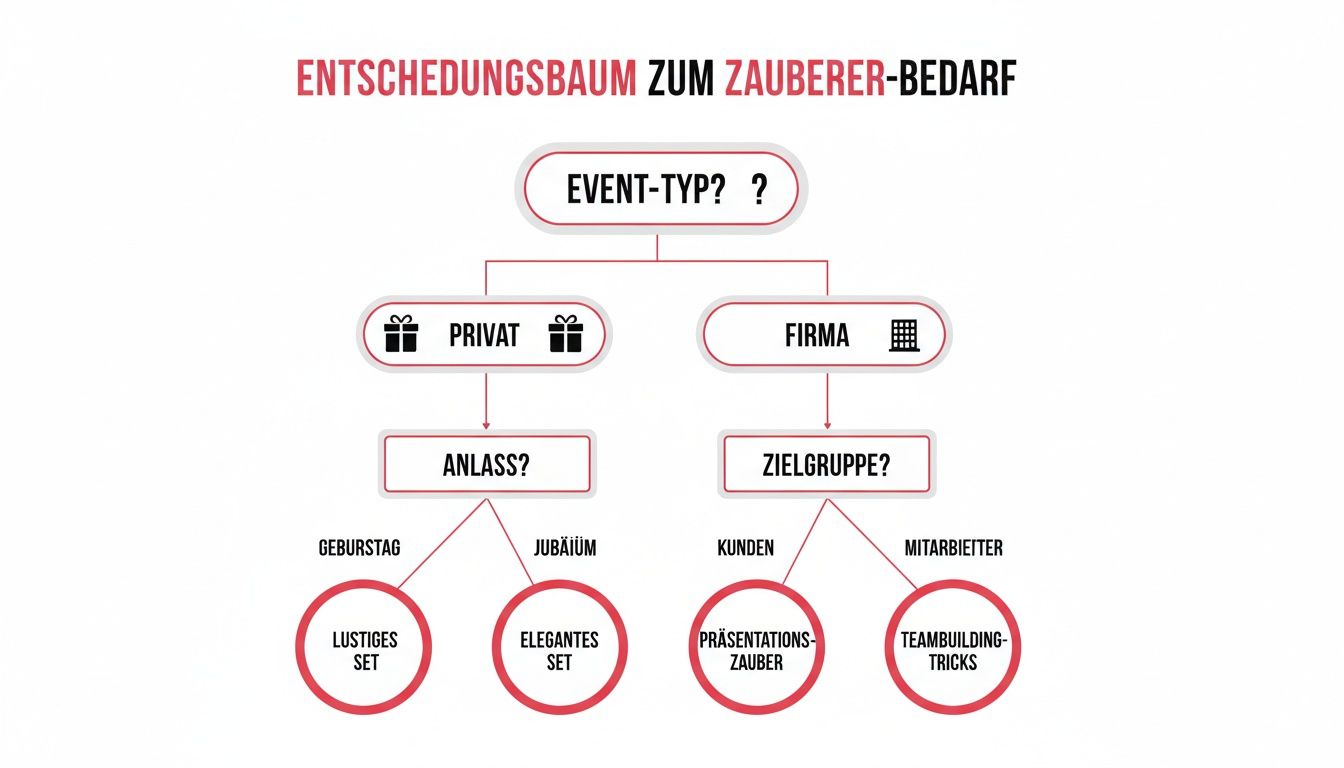 Ein Entscheidungsbaum zur Auswahl von Zauberbedarf je nach Event-Typ, Anlass oder Zielgruppe.