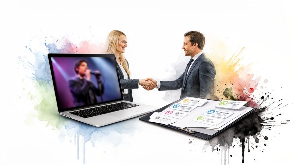 Geschäftspartner reichen sich die Hände, vor einem Laptop mit Sänger und einem Klemmbrett mit Visitenkarten. Aquarellhintergrund.