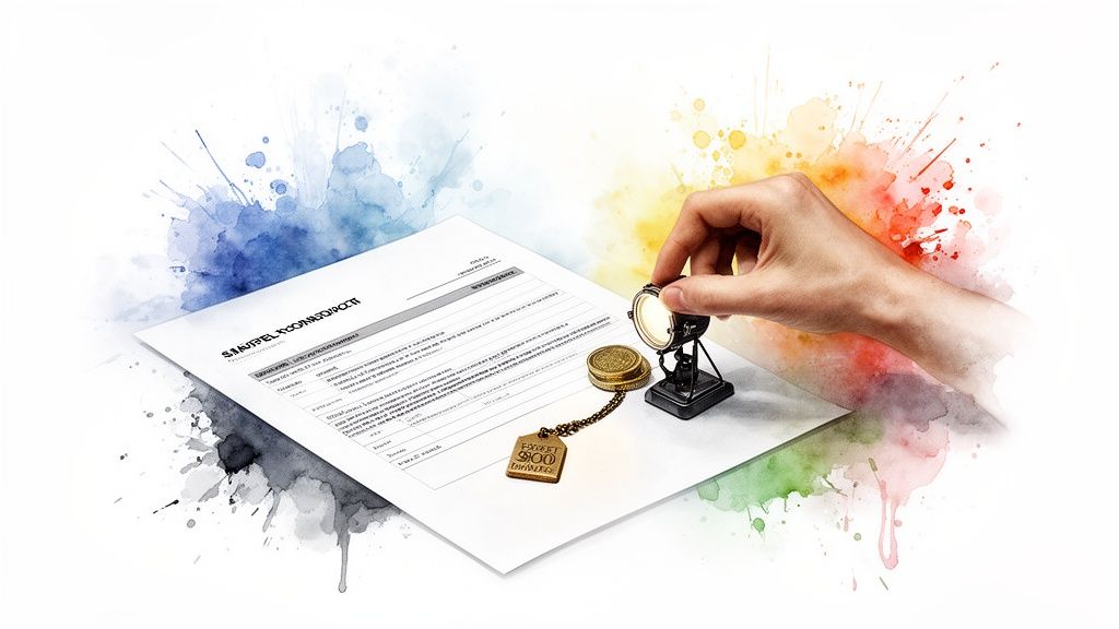 Eine Hand beleuchtet ein Dokument mit einem kleinen Scheinwerfer auf einem bunten Aquarellhintergrund.